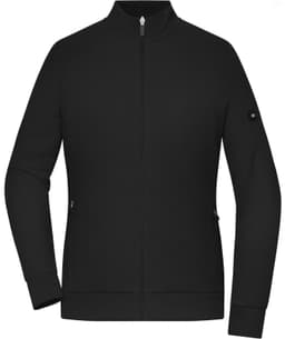 A black zip jacket in interlock fabric with side pockets and a logo on one sleeve.