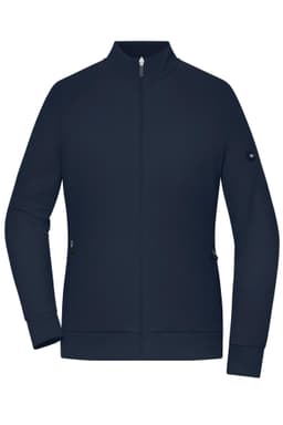 A navy interlock zip jacket featuring a stand collar and side pockets, with a logo on the sleeve.