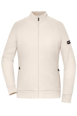 A cream-coloured zip jacket with side pockets and a logo on the sleeve.