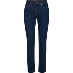 A pair of women's denim jeans in a dark blue colour with a slim fit design. Features include pockets and stitching details.