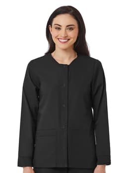 A black warm-up jacket featuring a round neckline, long sleeves, and pockets, with a logo present.