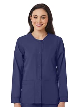 A women's warm-up jacket in navy blue, featuring a round neckline, front buttons, and two side pockets.