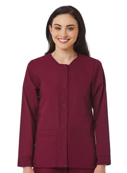 A burgundy women's warm-up jacket with long sleeves and a button front, featuring a logo.