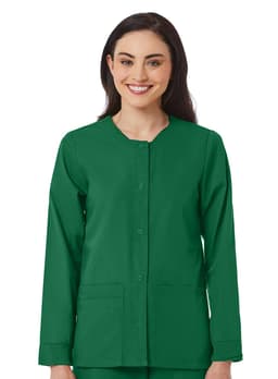 A warm-up jacket in vibrant green, featuring long sleeves and a round neckline. The jacket has a button closure and pockets.