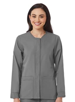 A warm-up jacket in grey with long sleeves and a round neckline, featuring a front fastening and pockets.