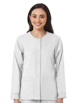 A warm-up jacket in grey, featuring a button front and two front pockets. It has a logo on the chest.