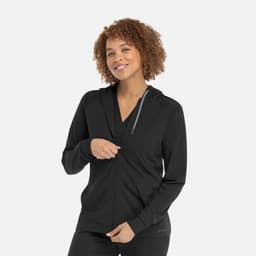 A black women's hooded zip front jacket with a slim fit, featuring a grey drawstring and a logo.