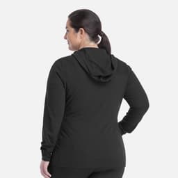 A black women's hooded zip front jacket with a fitted design and a logo on the back.
