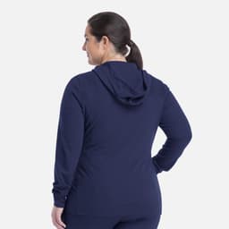 A hooded zip front jacket in navy, featuring long sleeves and a fitted silhouette, with a logo on the back.