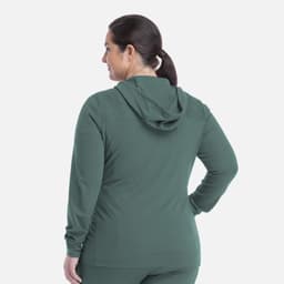 A hooded zip front jacket in a deep green colour, featuring a sleek design and fitted silhouette.