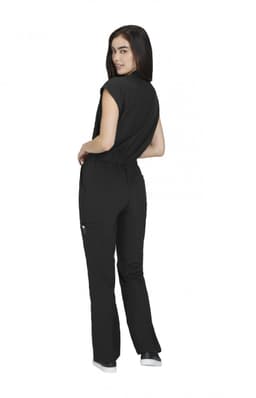 A black jumpsuit with a fitted bodice and flared pants, featuring a back view and a logo on the side.