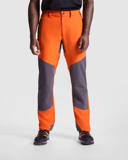 Hiking trousers in vibrant orange and grey, featuring a branded logo, designed for outdoor activities.