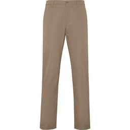 Beige chino trousers with a straight-leg cut, featuring a button and zipper closure. Includes a logo detail.
