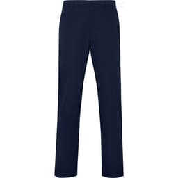 Navy chinos featuring a straight-leg design, suitable for casual or formal wear. Includes a logo detail.