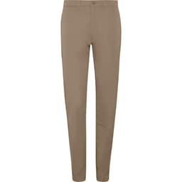 Tan women's chino trousers with a slim fit, featuring a button closure and a logo.