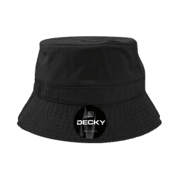 A black bucket hat featuring a logo on the front. The hat has a wide brim and a textured finish.