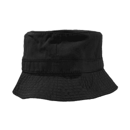 A black bucket hat with a wide brim and a structured design, featuring a logo on the side.