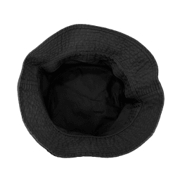 A black bucket hat with an interior lining, showcasing a textured pattern. It features a logo inside.