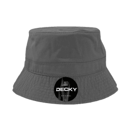 A grey bucket hat with a logo on a circular tag. The hat features a classic design and a wide brim.