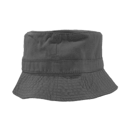 A relaxed charcoal bucket hat with a wide brim and a simple design. Features stitching details and a logo.