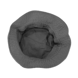 A grey bucket hat with a textured surface, featuring an open interior without any visible lining or padding.