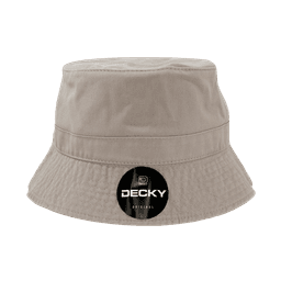 A beige bucket hat featuring a logo, with a wide brim for sun protection.