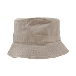 A beige bucket hat with a wide brim and a structured design. It features a subtle texture and has a logo.
