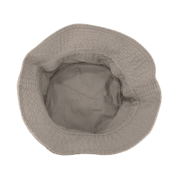 A relaxed grey bucket hat with a textured exterior and a smooth inner lining, featuring a logo on the side.
