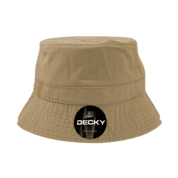A tan bucket hat with a branded tag. The hat features a wide brim and a textured surface.