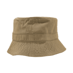 A khaki bucket hat with a wide brim and a foldable band, featuring a logo on the side.