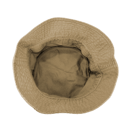 A tan bucket hat viewed from above, featuring a textured exterior and a smooth inner lining.