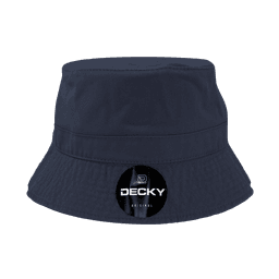 A navy blue bucket hat with a logo on the front. The hat features a wide, downward-sloping brim.