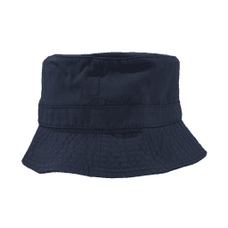 A navy blue bucket hat with a wide brim and a simple design. It features a branding logo.