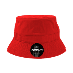A red bucket hat with a textured brim and a logo on the front.