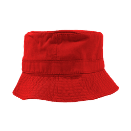 A red bucket hat with a wide brim and a stitched design, featuring a logo on the side.