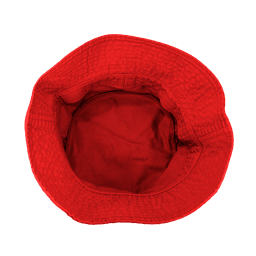A red bucket hat viewed from above, featuring a textured interior and no visible branding.