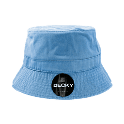 A light blue bucket hat with a branded logo on the front. The material appears soft and casual in style.