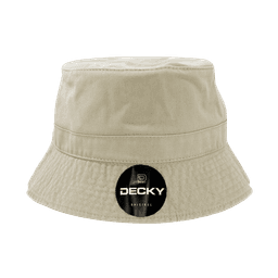 A beige bucket hat with a textured finish and a logo tag attached to the side.