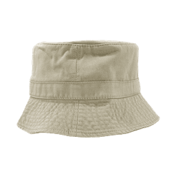 A relaxed beige bucket hat with a wide brim and a textured fabric. It features a logo on the side.