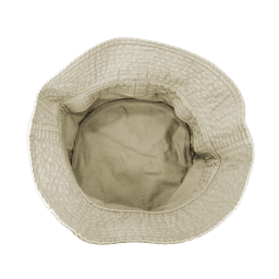 A tan bucket hat with a textured outer layer and smooth inner lining, featuring a simple design.