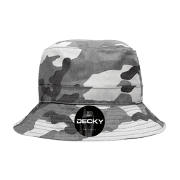 A grey and white camouflage bucket hat featuring a logo.