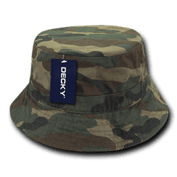 A camouflage bucket hat featuring a branded tag. The hat is made of a durable fabric with a classic bucket shape.
