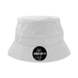 A white bucket hat with a textured finish and a logo badge on the front.