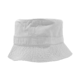 A bucket hat in white with a structured design and a wide brim, featuring a logo.