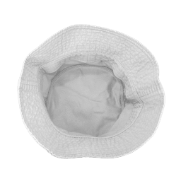 A white bucket hat with a textured exterior and a smooth interior. It features an inner lining and has a branding logo.