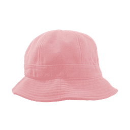 A pink relaxed terry bucket hat with a soft texture and wide brim, featuring a logo on the band.