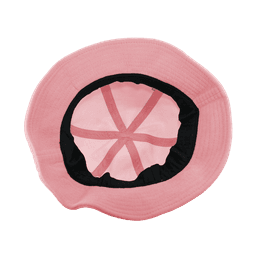 A pink bucket hat with a black interior and adjustable straps. It features a logo on the side.