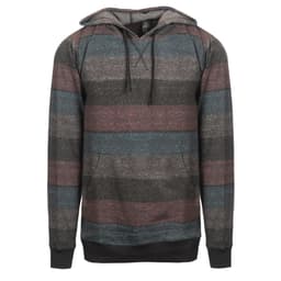 A fleece pullover in a multicoloured striped pattern featuring shades of blue, grey, and burgundy with a hood.