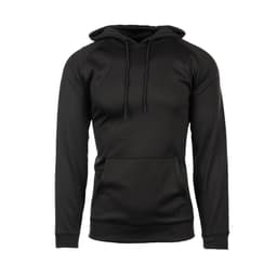 A black Performance Tech Fleece Hoodie displayed on a model, featuring a front pocket and a hood.