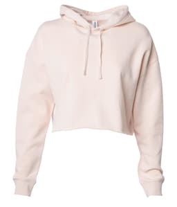 A women's cropped hoodie in a soft pink colour with a hood and drawstrings. It features a relaxed fit.